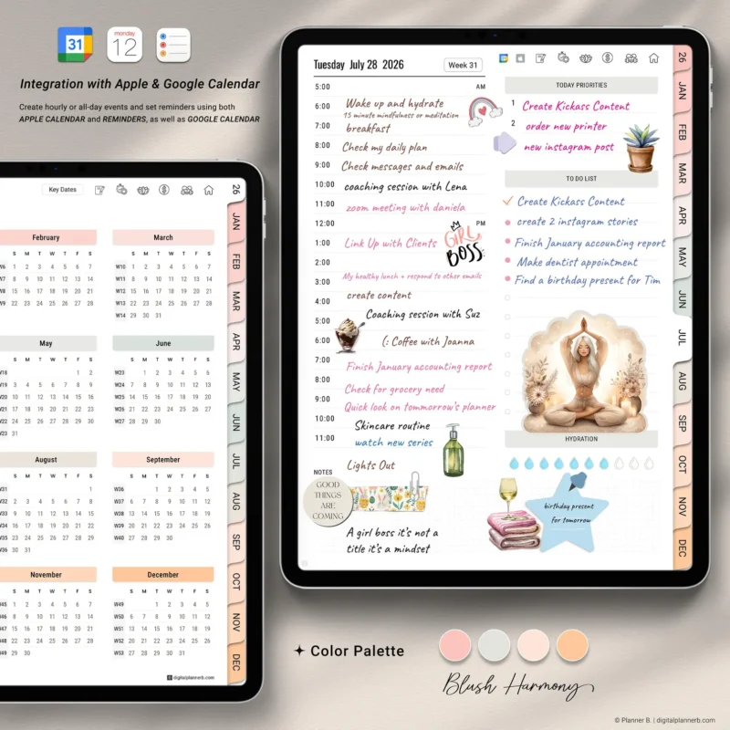 iPad digital planner showing a full daily schedule and yearly calendar, with Goodnotes-compatible layouts, blush color palette and Apple and Google Calendar integration.