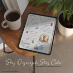 iPad displaying a 2026 Goodnotes digital planner daily layout with decorative stickers, styled on a wooden table next to a coffee cup and plant.