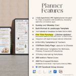 Digital planner feature overview showing portrait and landscape layouts, daily and monthly planning pages, calendar integration, stickers, covers, and extra templates.