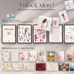 Digital planner accessories preview showing Goodnotes sticker book, over 340 pre-cropped PNG stickers and 300 aesthetic digital planner covers in various styles and designs.