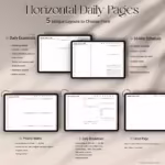 Horizontal digital planner daily pages displayed on iPad, showing five Goodnotes-compatible layout options including hourly schedule, 30-minute schedule, priority matrix, daily breakdown and lined minimalist page.