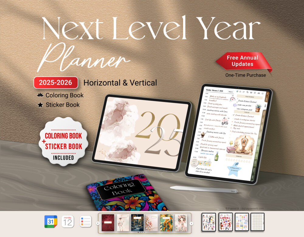 Cover image of the Next Level Year Digital Planner bundle, including coloring book and sticker book and cover set extras.