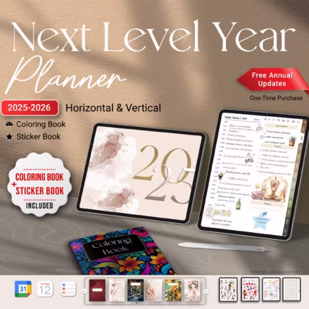 Cover image of the Next Level Year Digital Planner bundle, including coloring book and sticker book and cover set extras.