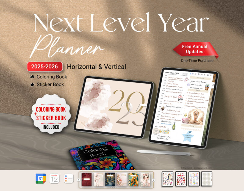 Cover image of the Next Level Year Digital Planner bundle, including coloring book and sticker book and cover set extras.