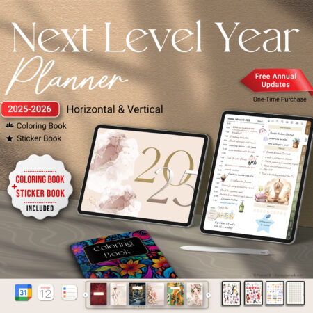 Cover image of the Next Level Year Digital Planner bundle, including coloring book and sticker book and cover set extras.