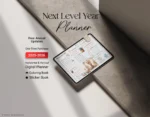 Next Level Year digital planner bundle preview featuring iPad daily layout, free annual updates, horizontal and vertical planner templates, coloring book, sticker book and a set of aesthetic digital covers.