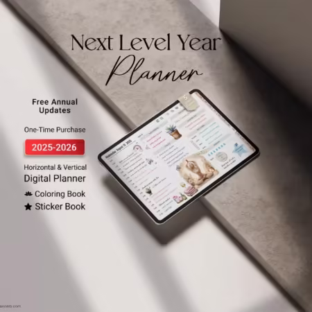 Next Level Year digital planner bundle preview featuring iPad daily layout, free annual updates, horizontal and vertical planner templates, coloring book, sticker book and a set of aesthetic digital covers.