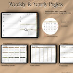 Weekly and yearly pages in a digital planner with linked navigation for quick access to dates and events.