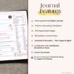 10th Step Inventory Digital Journal features displayed on iPad, including 375 hyperlinked pages, 60 covers, extra templates, and compatibility with GoodNotes, Notability, and Xodo.