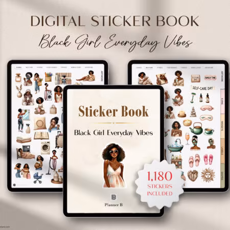 Black Girl Everyday Vibes digital sticker book with 1180 pre-cropped Goodnotes stickers and PNG planner stickers for iPad planners and digital journals