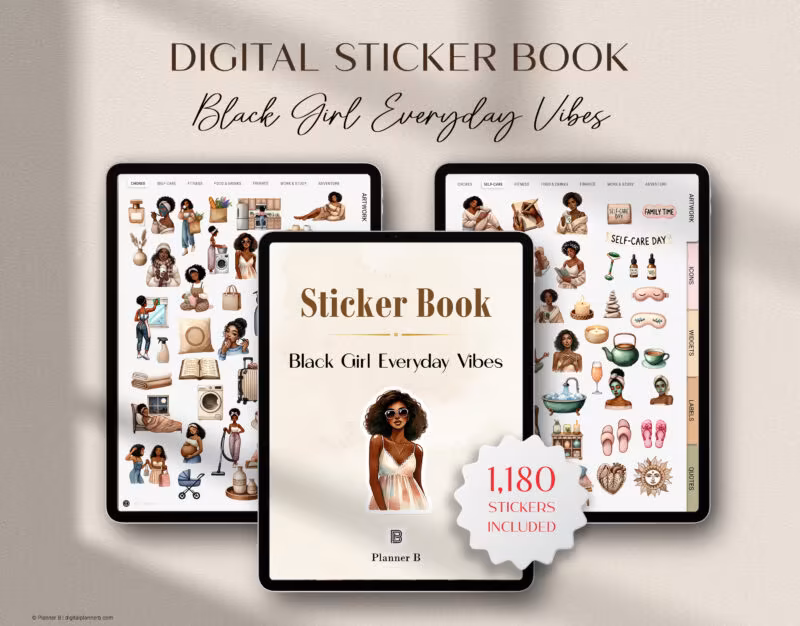Black Girl Everyday Vibes digital sticker book with 1180 pre-cropped Goodnotes stickers and PNG planner stickers for iPad planners and digital journals