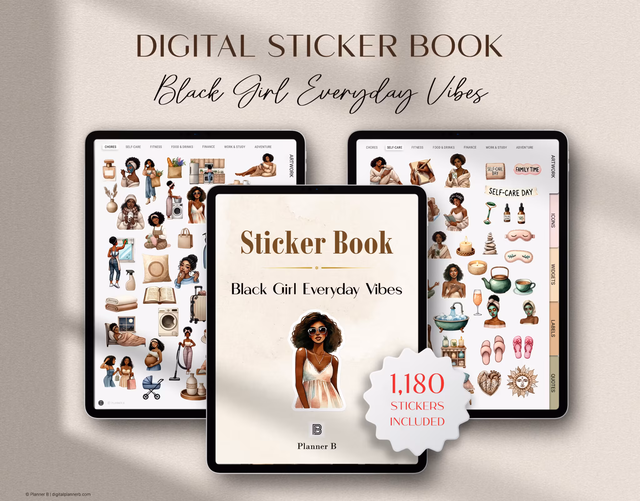 Black Girl Everyday Vibes Digital Sticker Book for Goodnotes and iPad Planners Black Girl Everyday Vibes digital sticker book with 1180 pre-cropped Goodnotes stickers and PNG planner stickers for iPad planners and digital journals