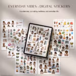 Black Girl Everyday Vibes digital stickers for Goodnotes, iPad planners, digital journals, wellness planning, self-care, finance, fitness, food, and everyday life